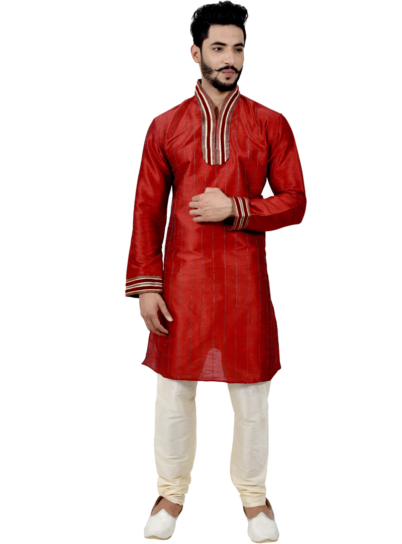 Red Art Silk Readymade Kurta Pajama 113478
