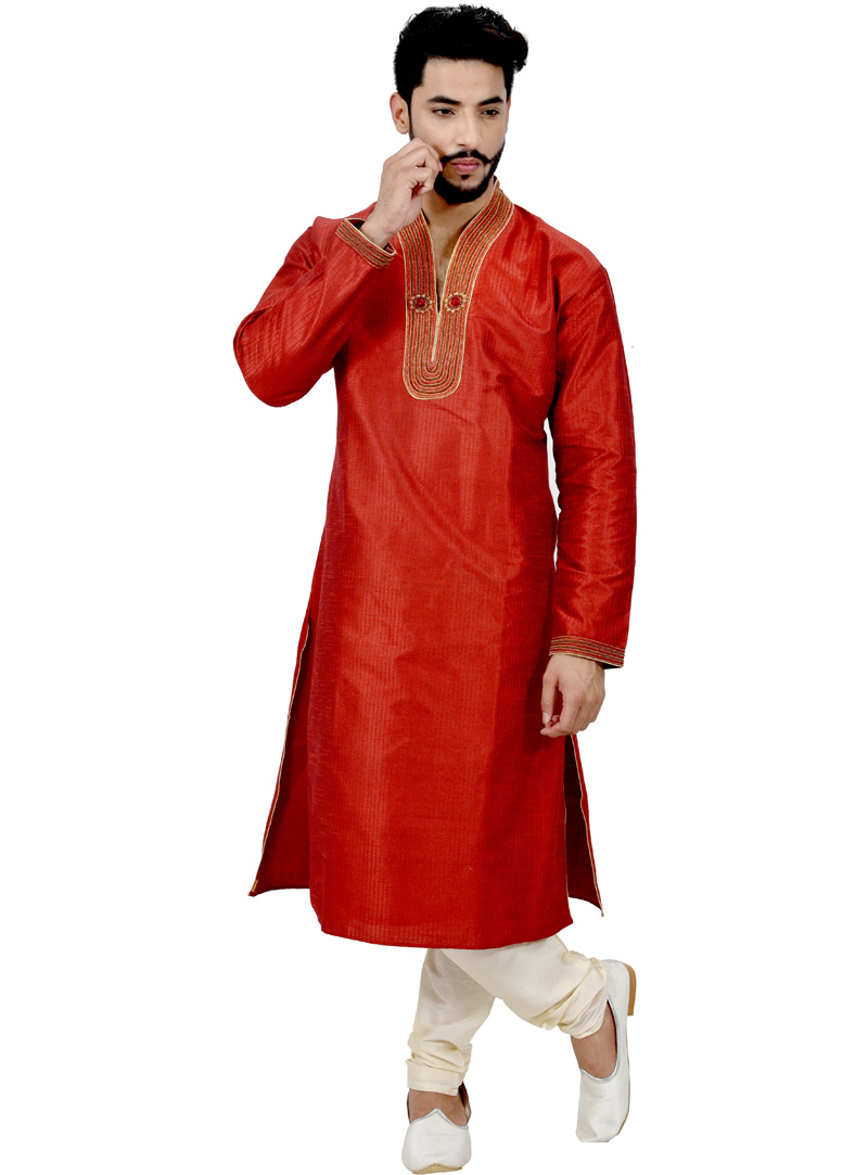Red Art Silk Readymade Kurta Pajama 113495