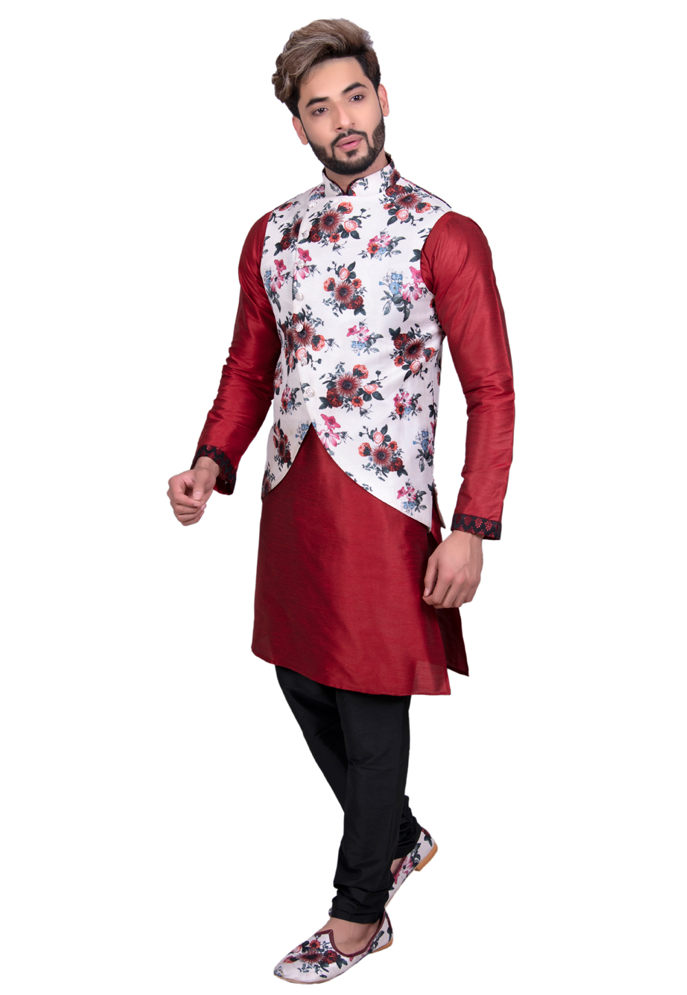 Maroon Art Silk Readymade Kurta Pajama With Jacket 202439