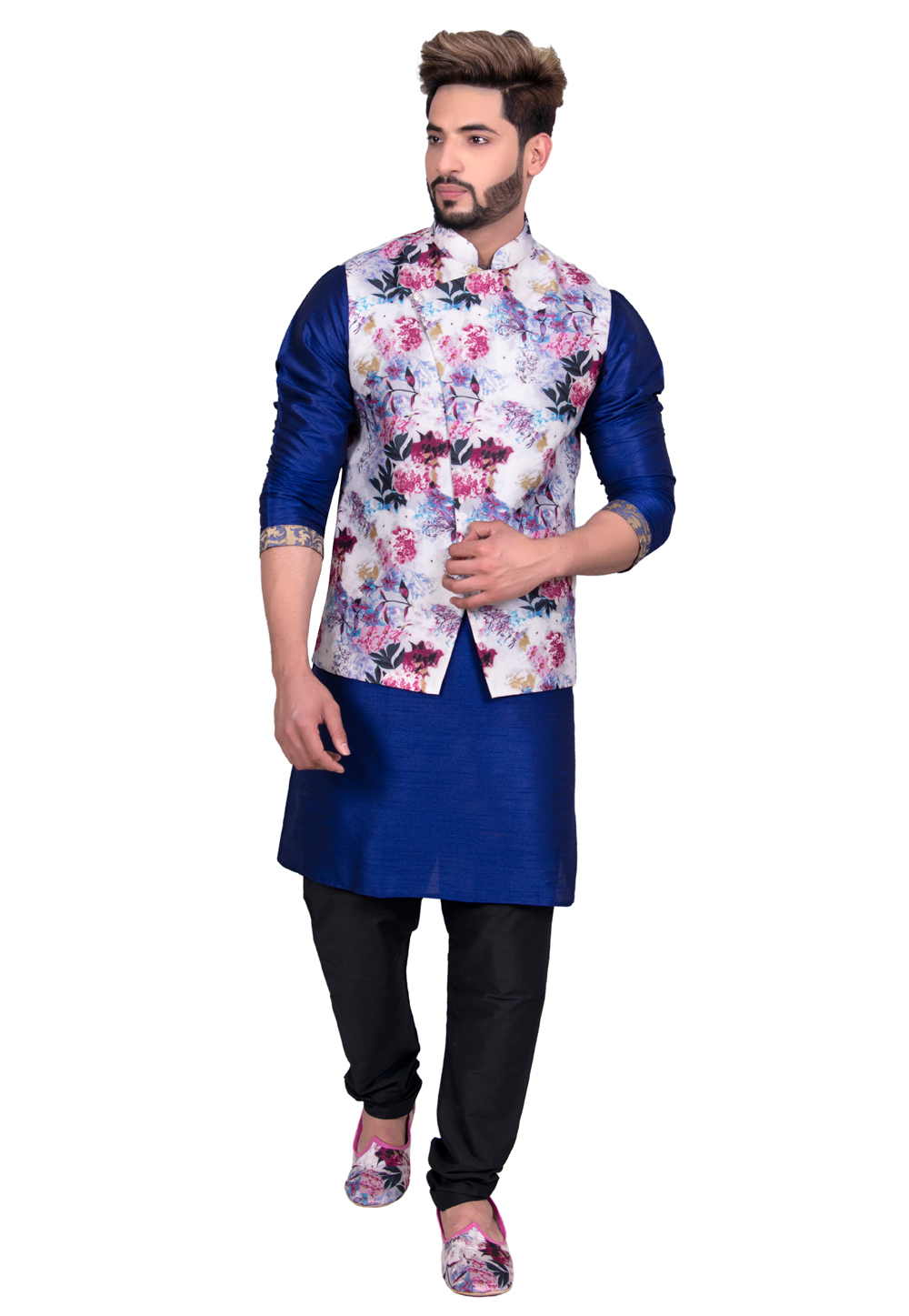 Blue Art Silk Readymade Jacket With Kurta Pajama 202441