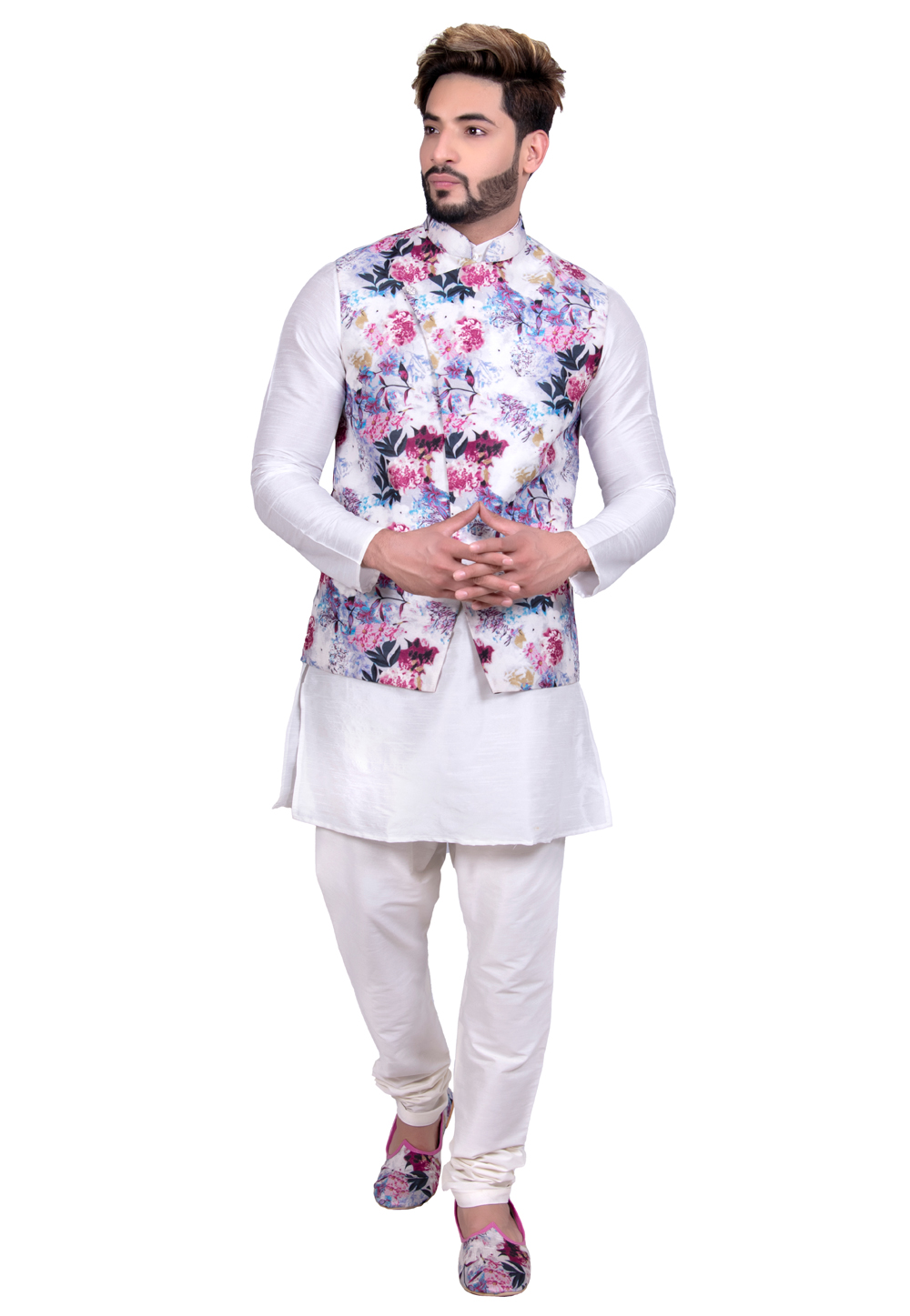 Off White Art Silk Readymade Kurta Pajama With Jacket 202447