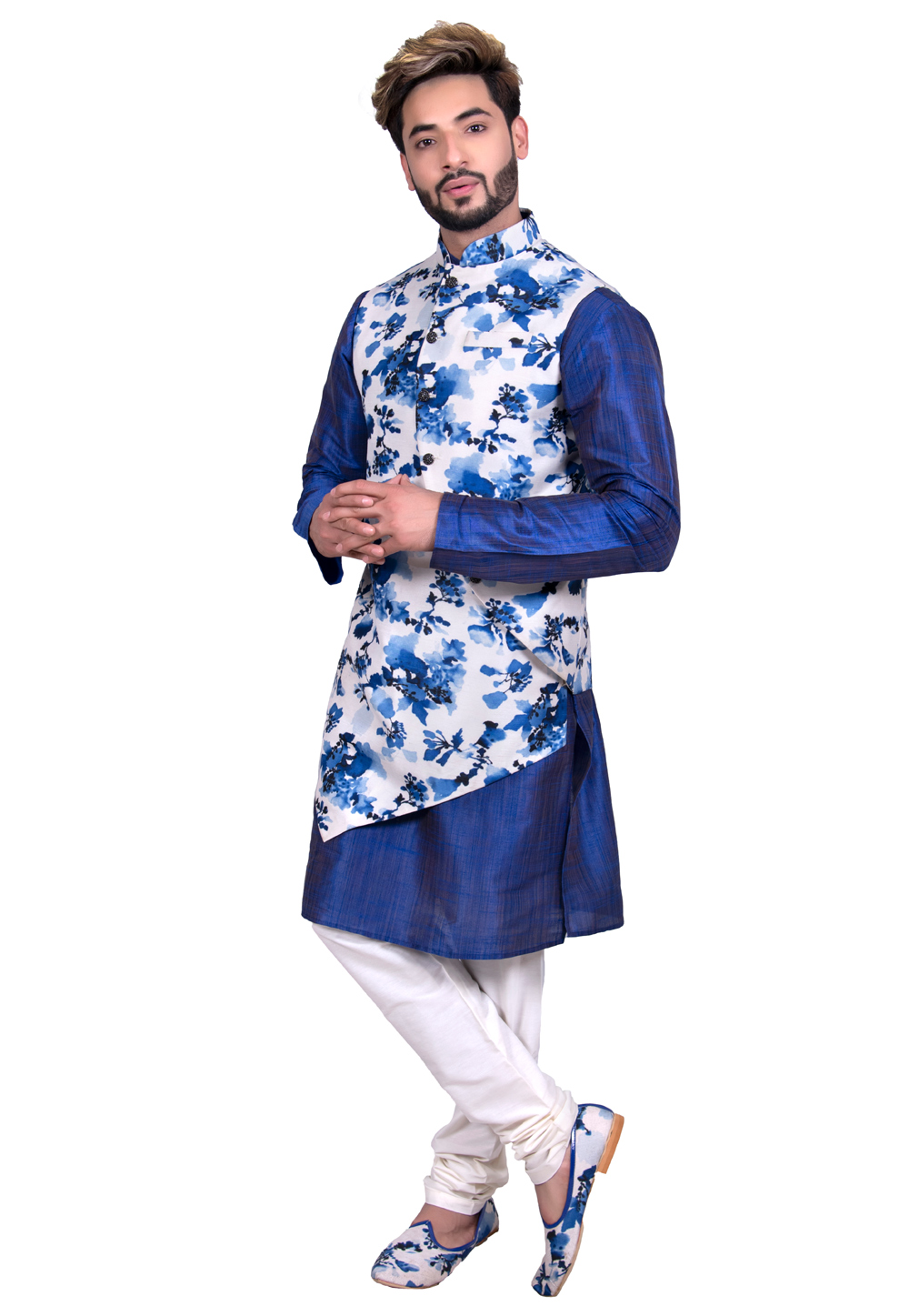 Blue Silk Readymade Kurta Pajama With Jacket 202449