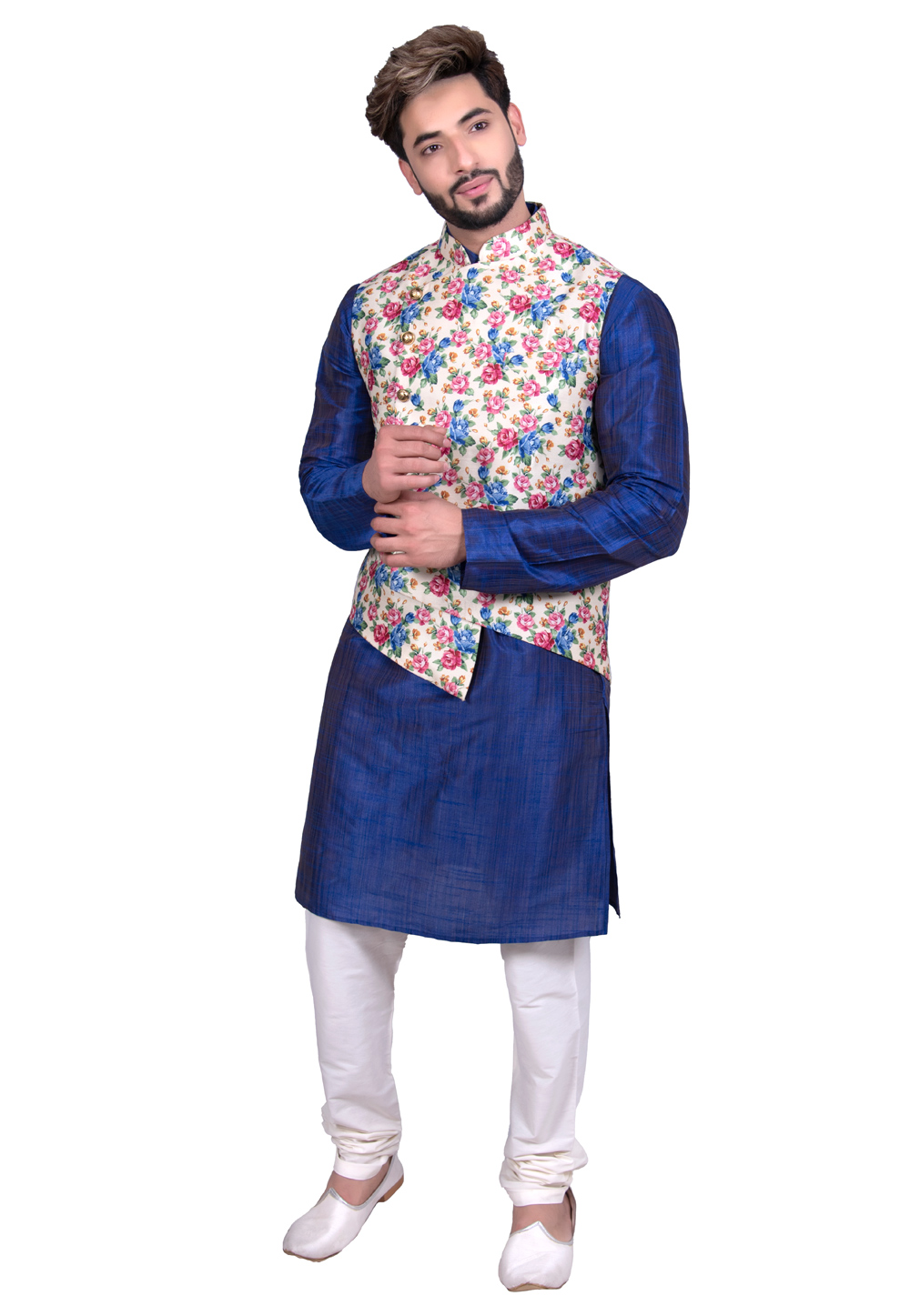 Blue Silk Readymade Jacket With Kurta Pajama 202450