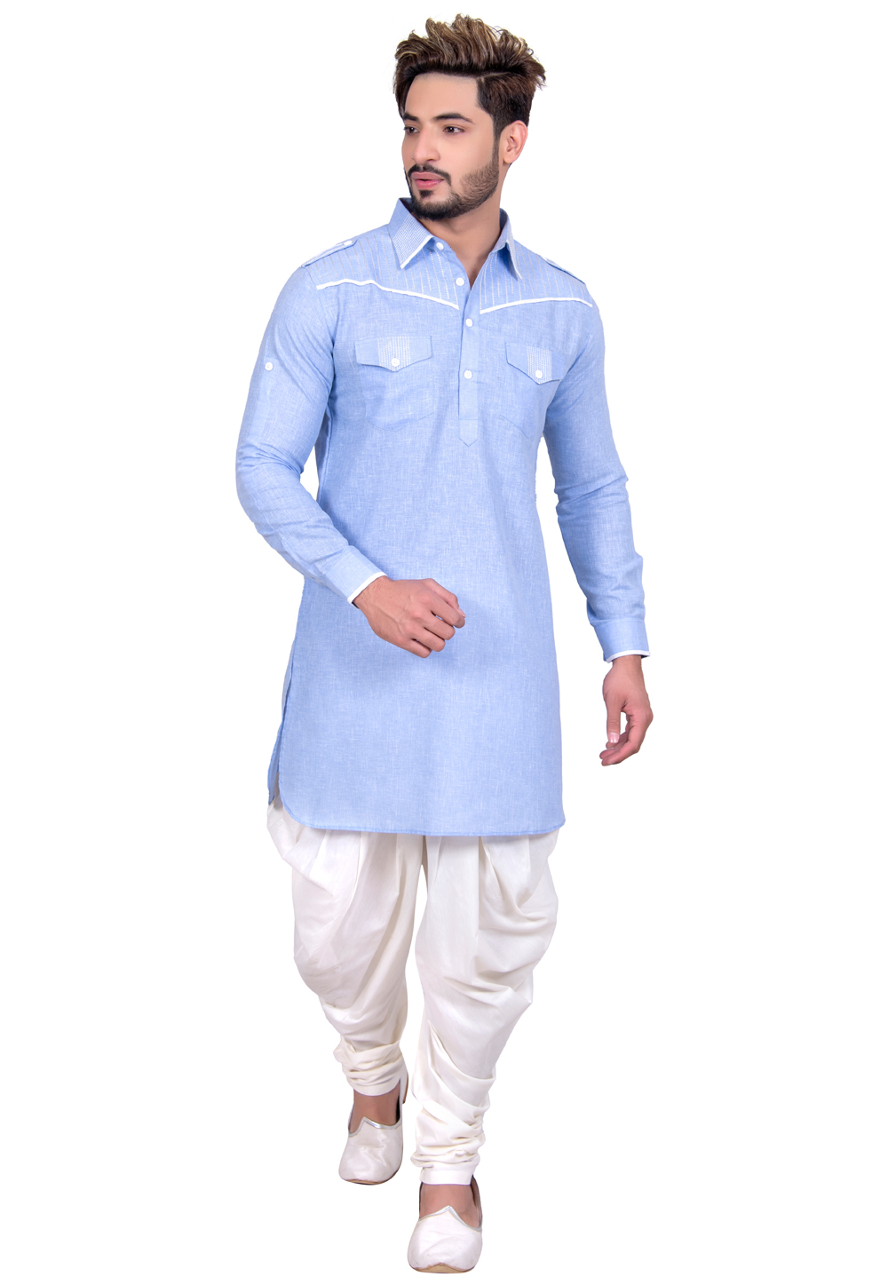 Sky Blue Cotton Readymade Pathani Suit 202434