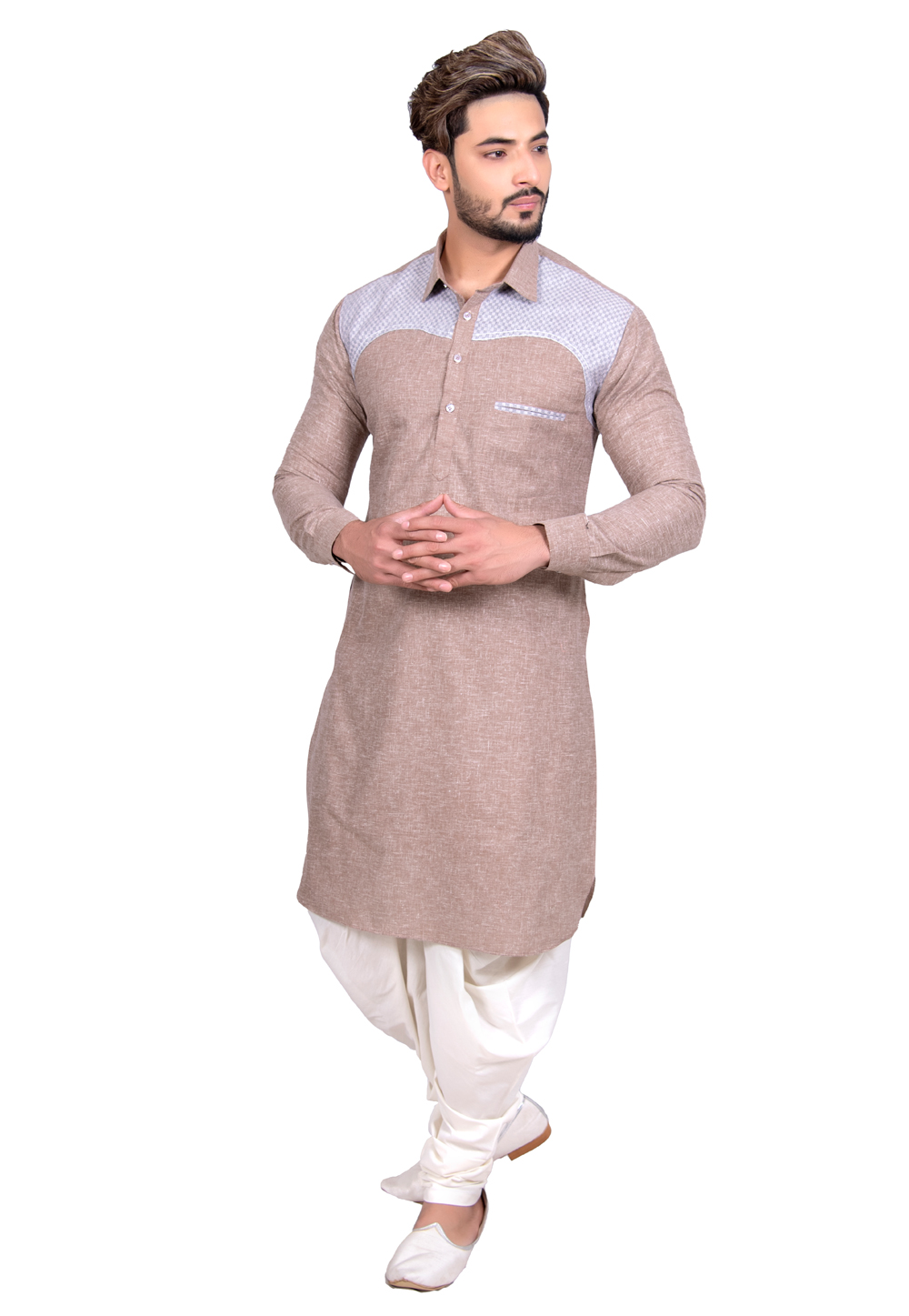 Light Brown Cotton Readymade Pathani Suit 202436