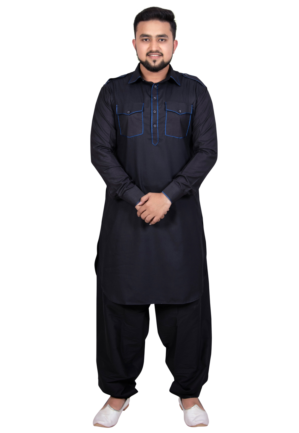 Black Cotton Readymade Pathani Suit 202438