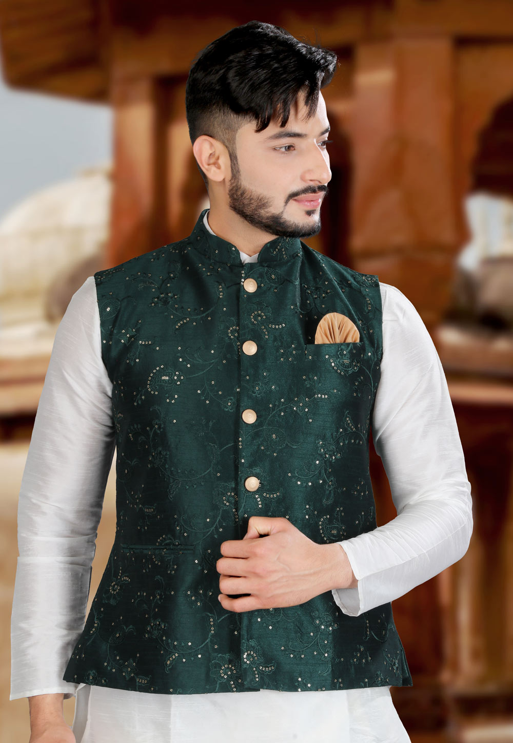 Green Silk Readymade Nehru Jacket 260045