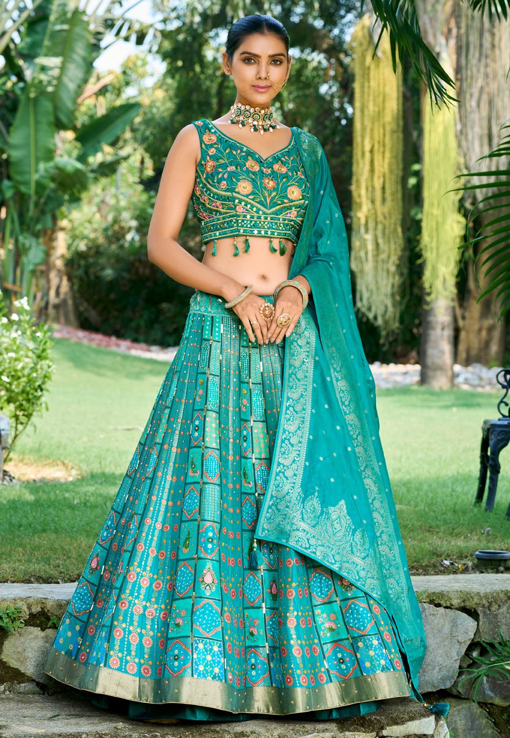 Designer Party Wear Banarasi Silk Lehenga Choli In Turquoise Color