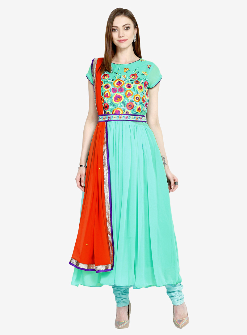 Turquoise Georgette Readymade Long Anarkali Suit 104202