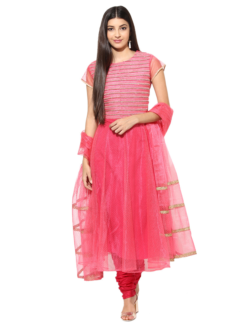 Pink Net Readymade Long Anarkali Suit 104224