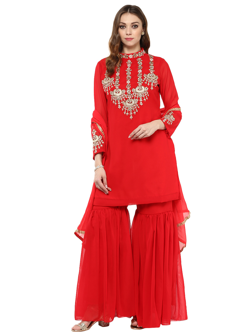 Red Georgette Readymade Sharara Style Salwar Suit 104228
