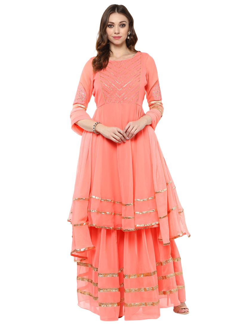 Peach Georgette Readymade Palazzo Style Salwar Suit 104233