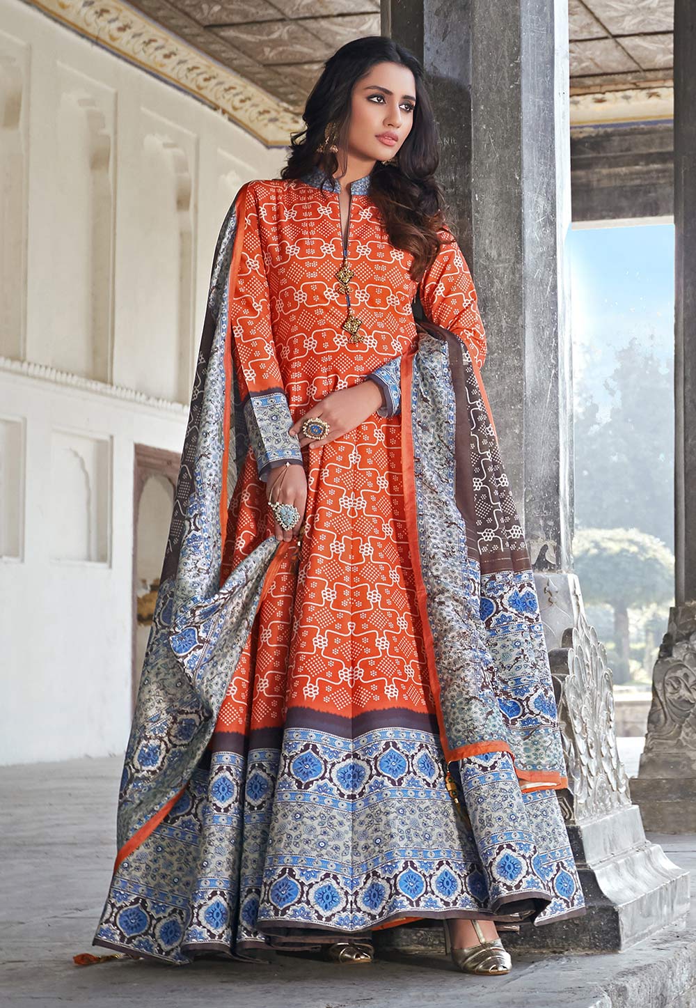Orange Silk Readymade Abaya Style Anarkali Suit 225902