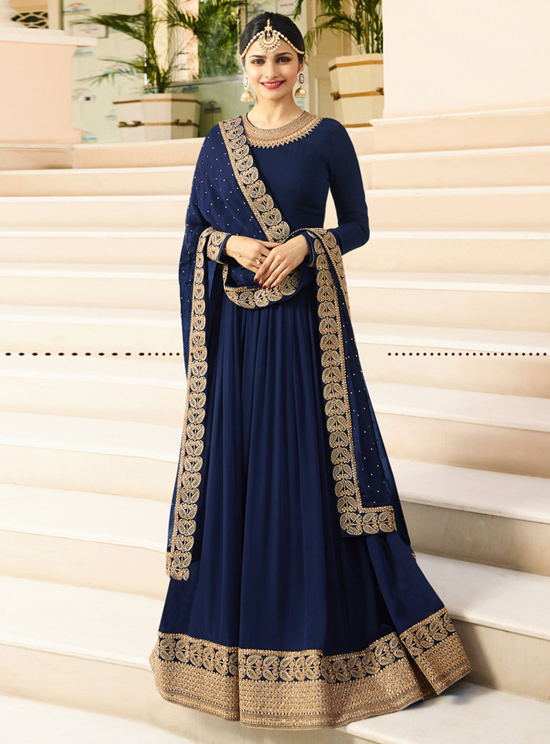 Prachi Desai Navy Blue Silk Floor Length Anarkali Suit 130055
