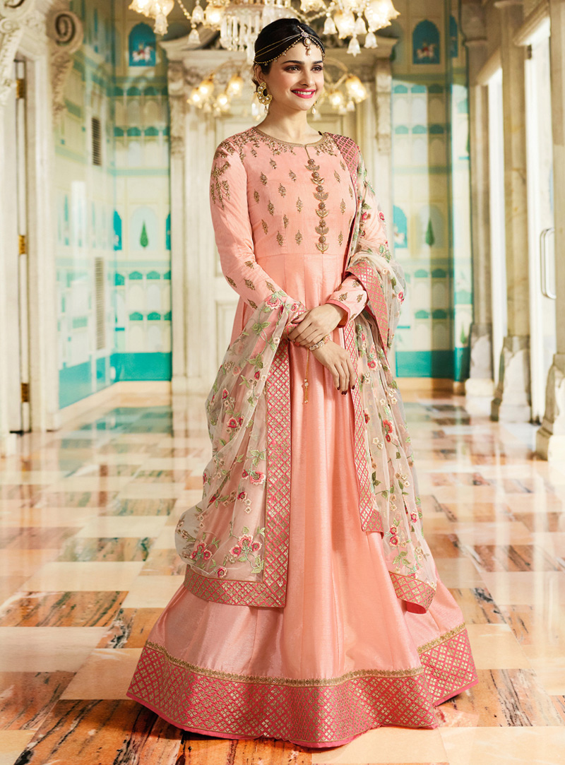 Prachi Desai Peach Silk Long Anarkali Suit 130056