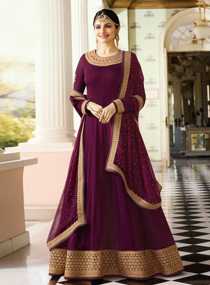 Prachi Desai Purple Silk Floor Length Anarkali Suit 130059