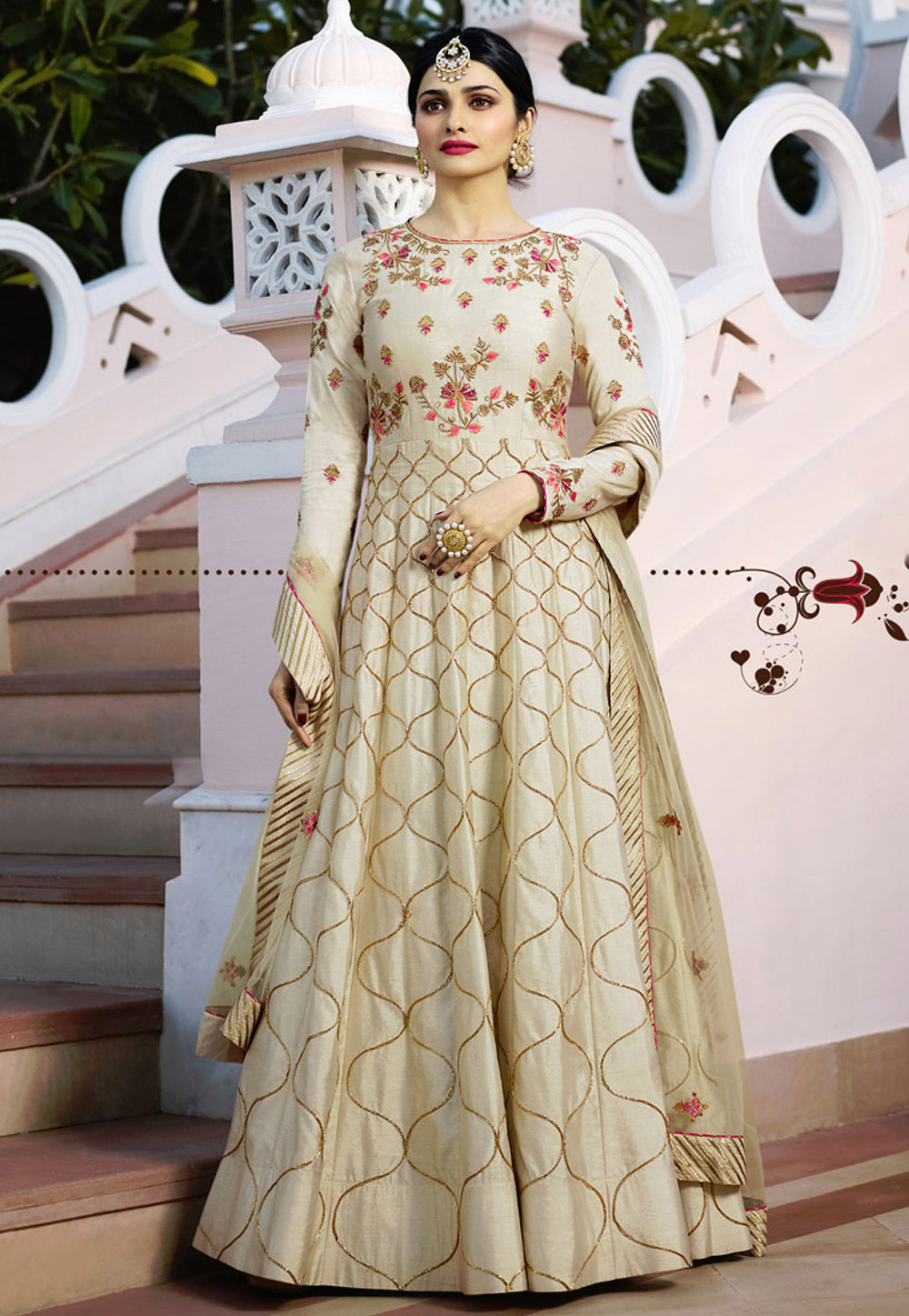Prachi Desai Cream Silk Long Anarkali Suit 130060