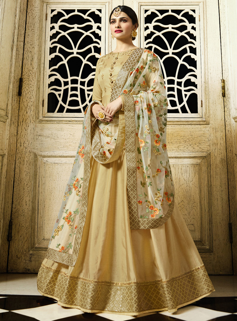 Prachi Desai Beige Silk Long Anarkali Suit 130062