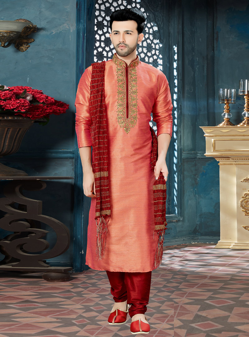Peach Banglori Silk Readymade Kurta Pajama 143784