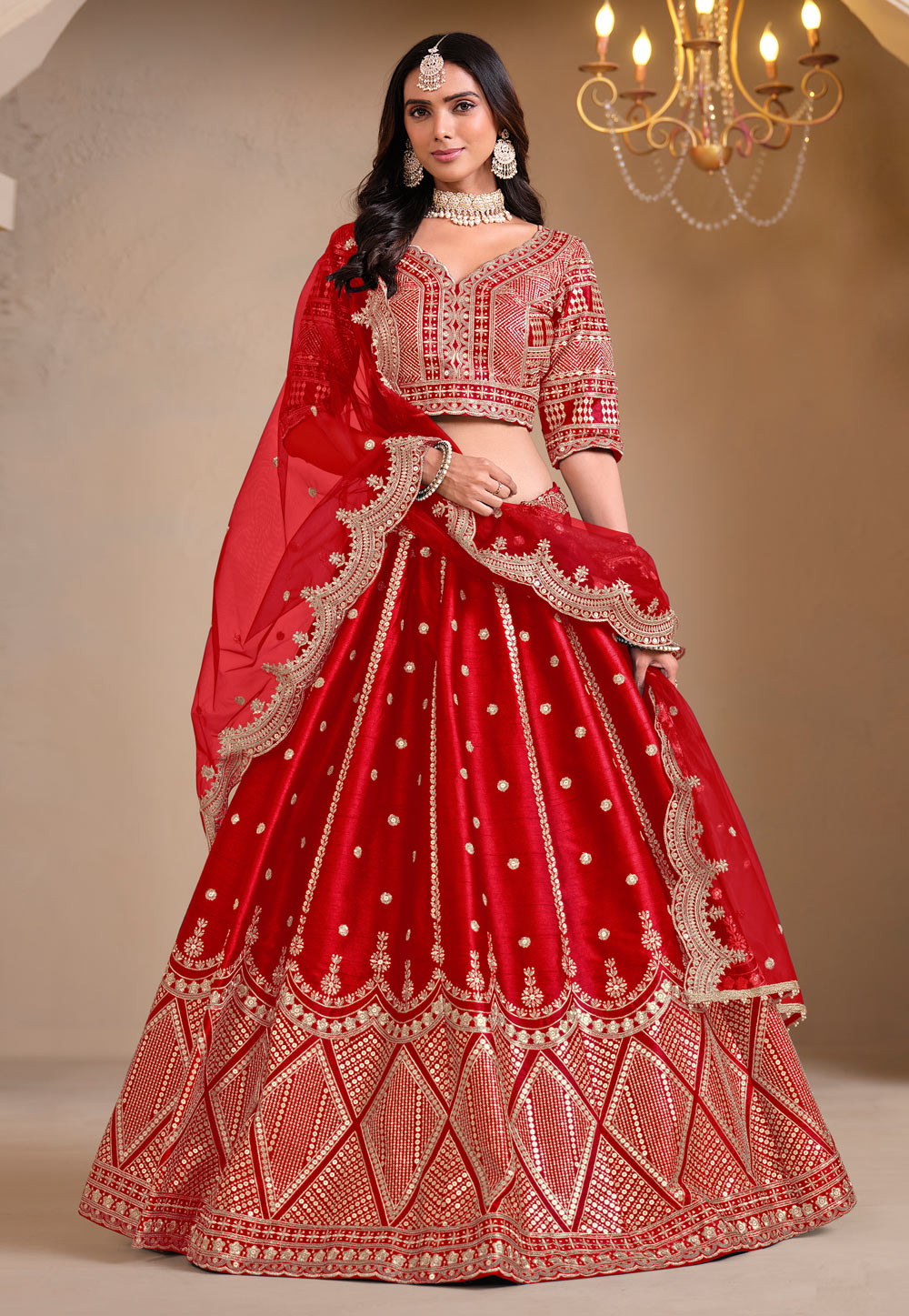 Red Art Silk Circular Lehenga Choli 305736