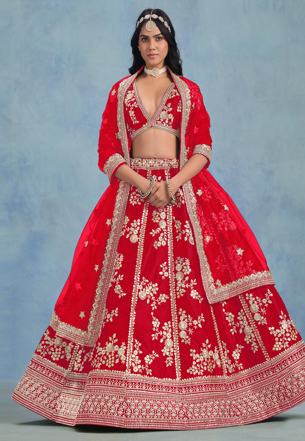 Red Art Silk Circular Lehenga Choli 310956