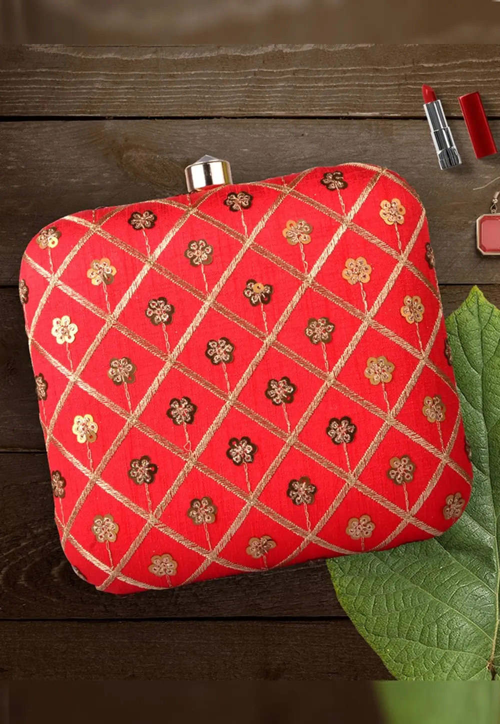 Red Art Silk Clutch 300416