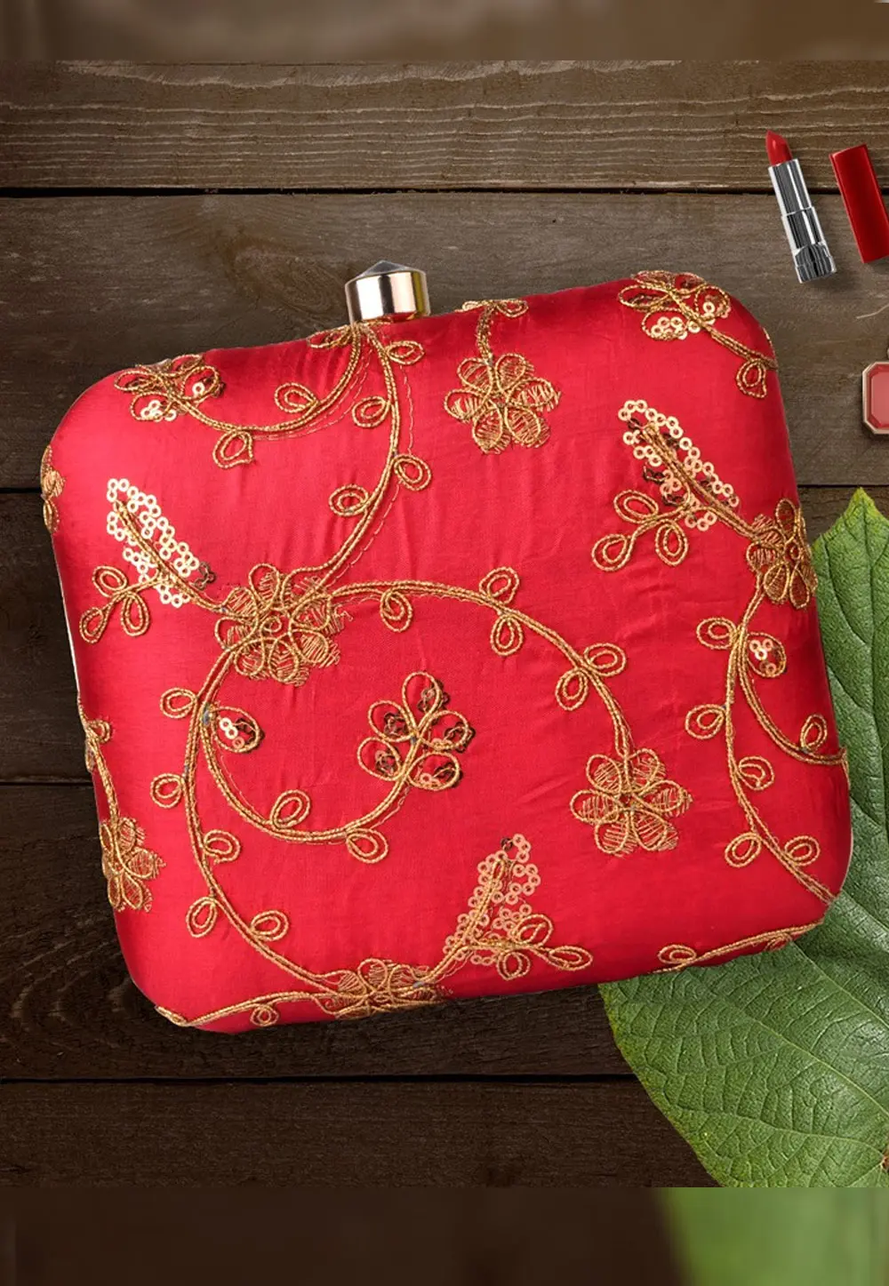 Red Art Silk Clutch 300432