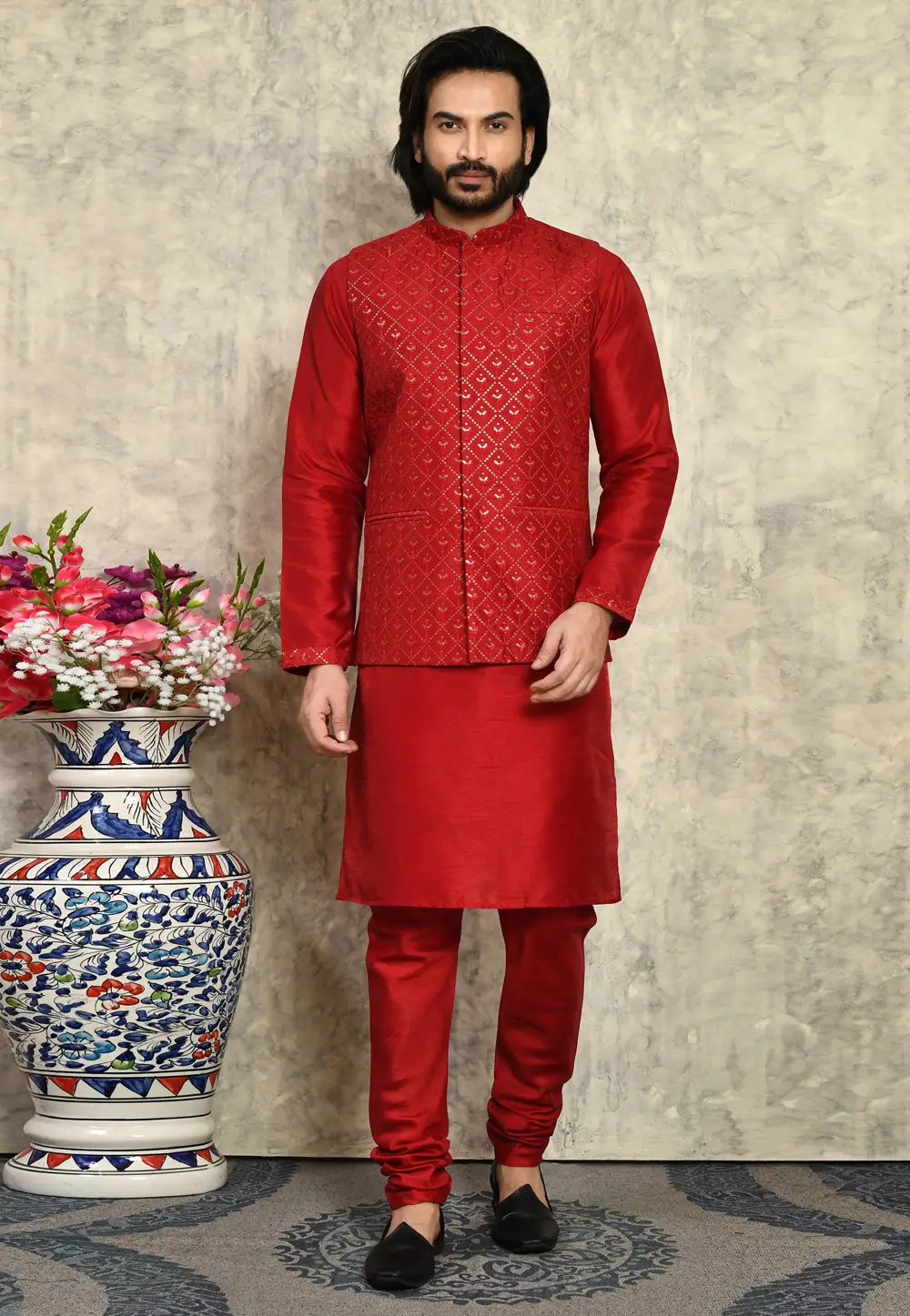 Red Art Silk Kurta Pajama With Jacket 295437