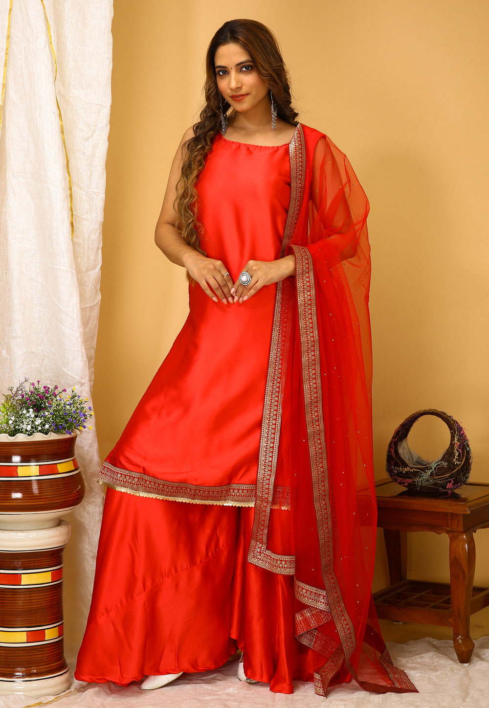 Red Art Silk Readymade Palazzo Suit 280401