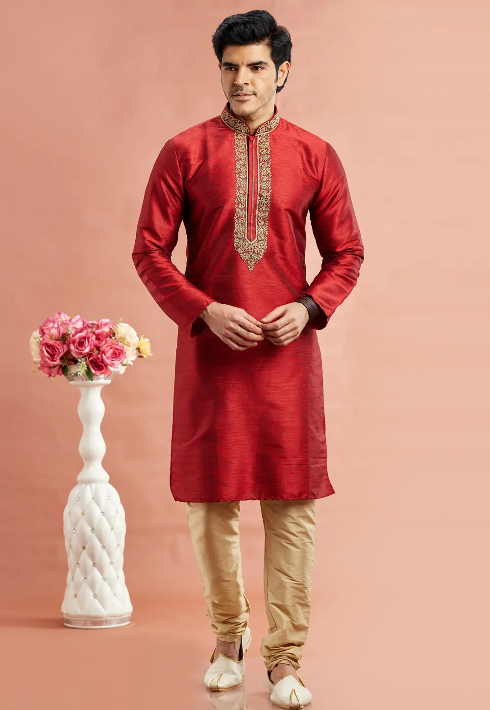 Red Banarasi Kurta Pajama 297518