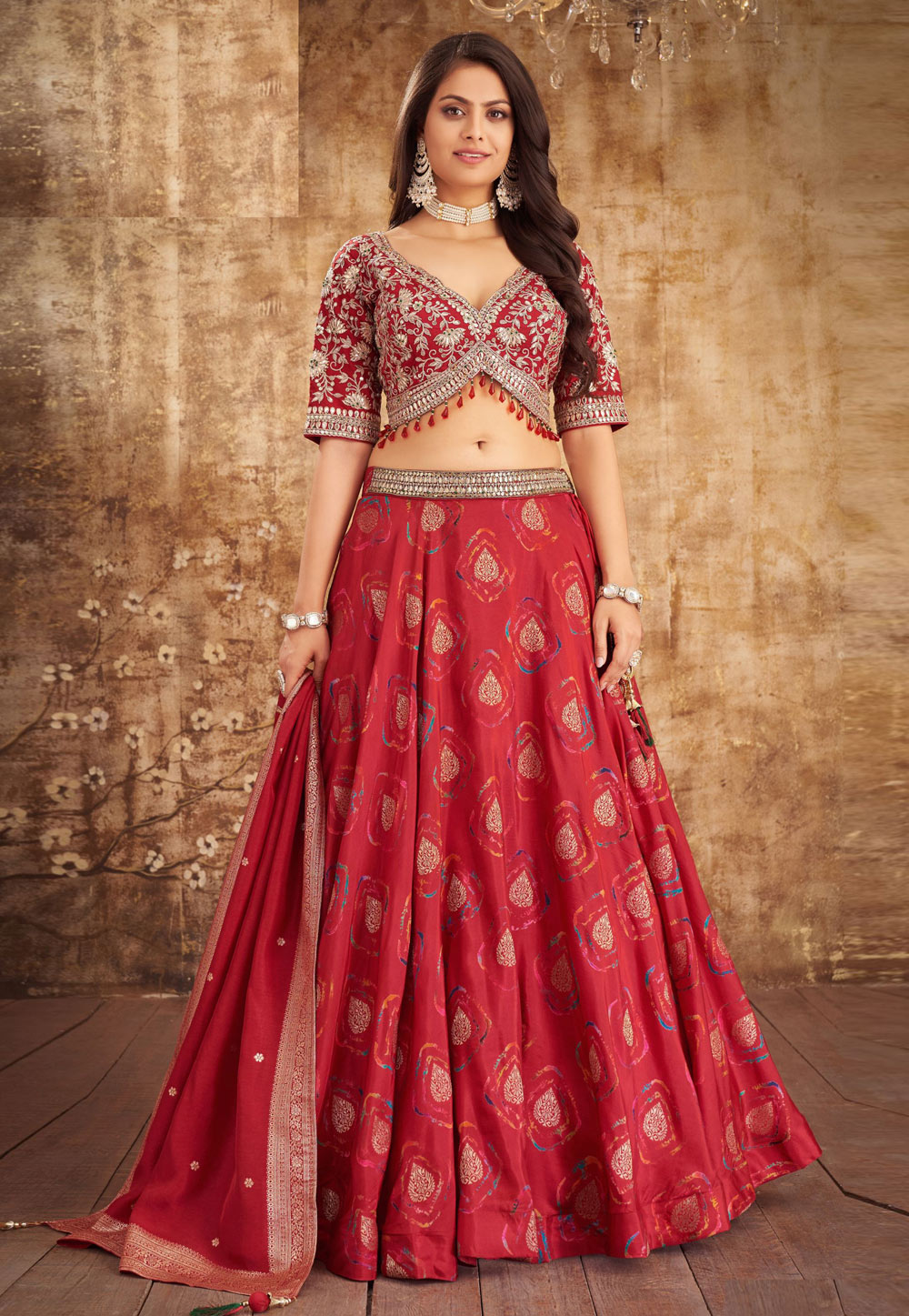 Red Banarasi Readymade A Line Lehenga Choli 305058