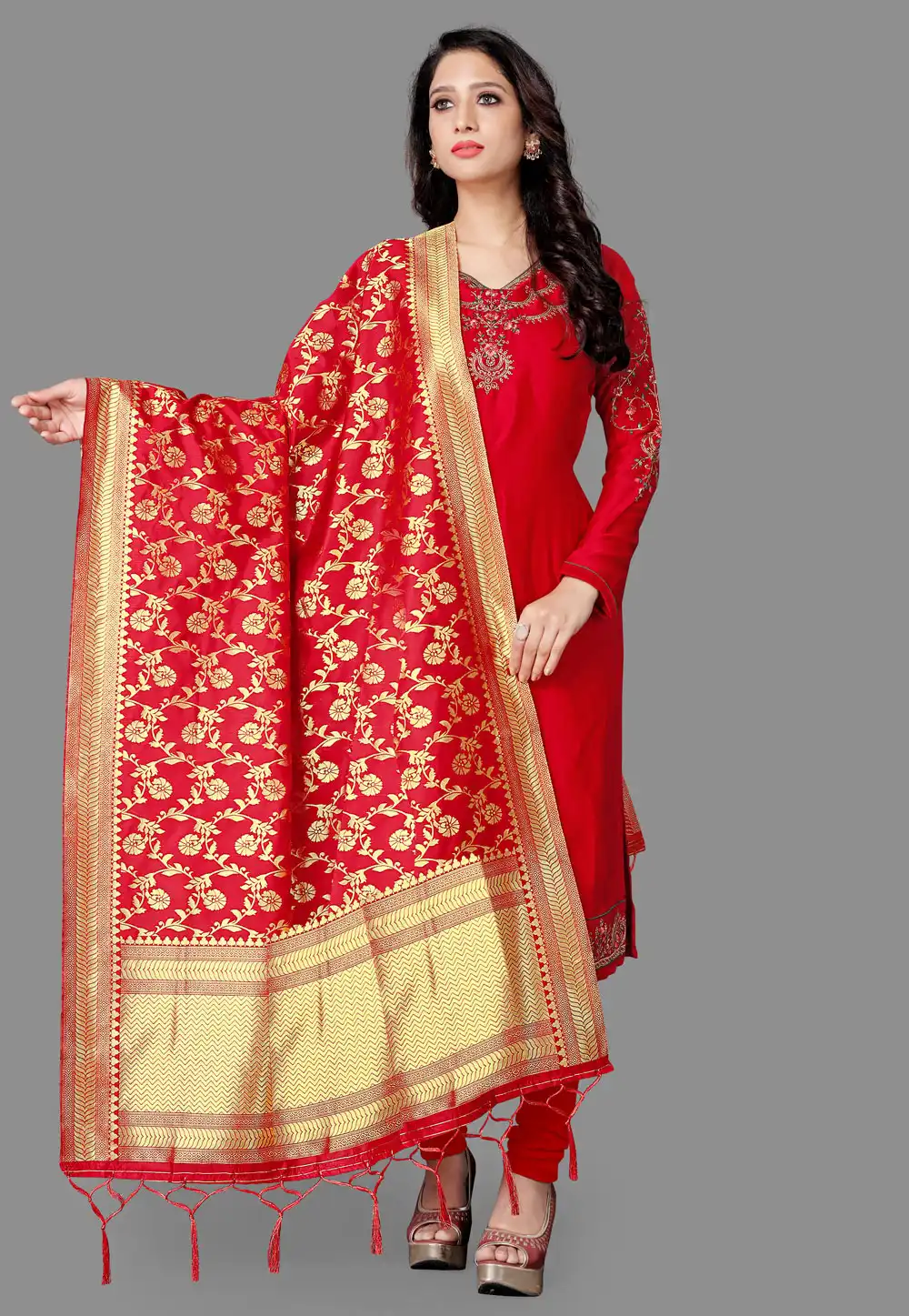 Red Banarasi Silk Dupatta 289775