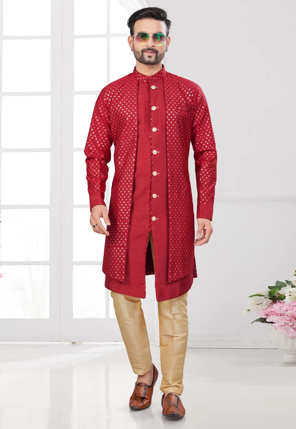 Red Banarasi Silk Indo Western Suit 295595