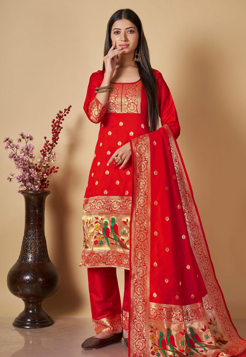 Red Banarasi Silk Pant Style Suit 285420