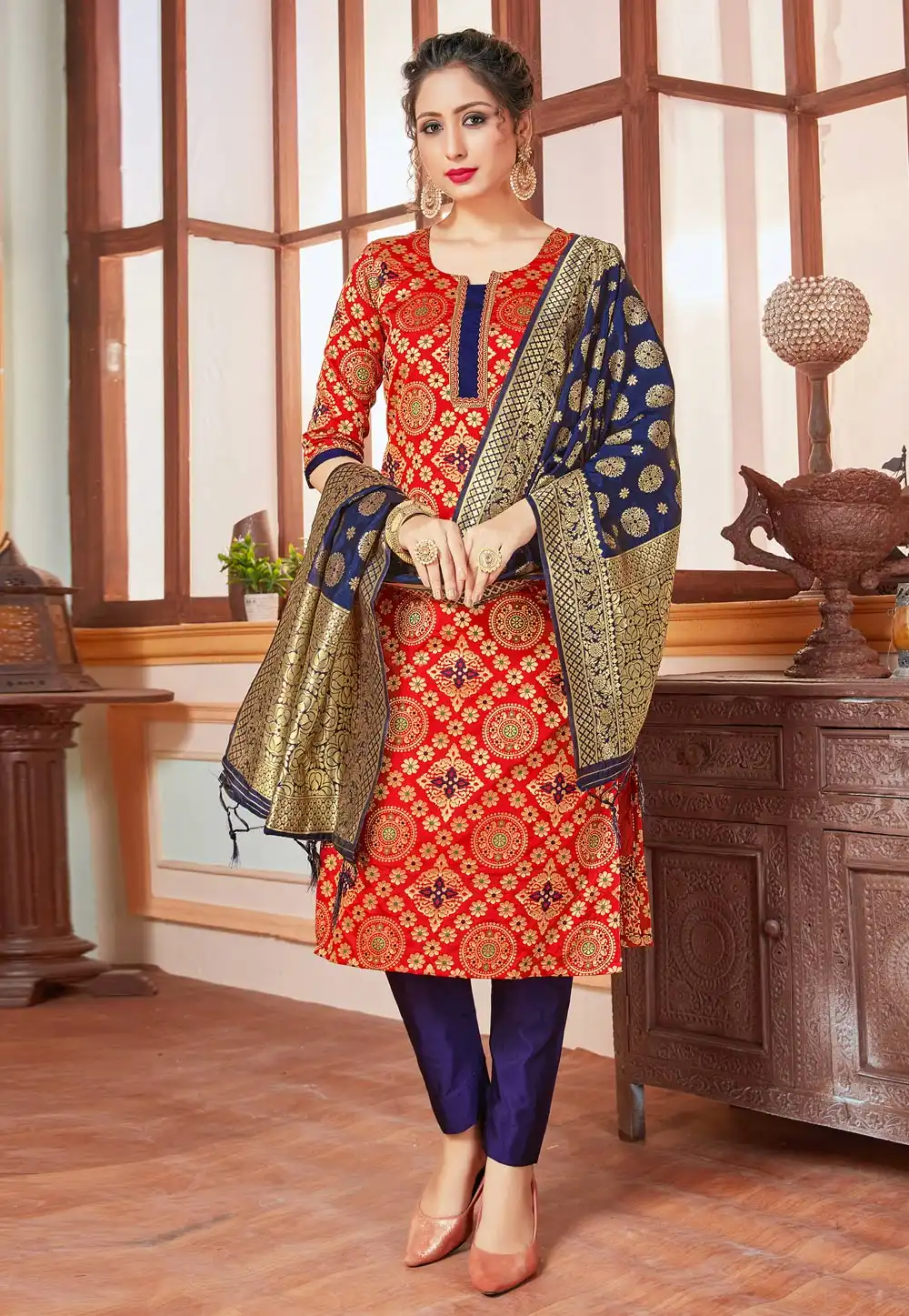 Red Banarasi Silk Readymade Pakistani Suit 288946