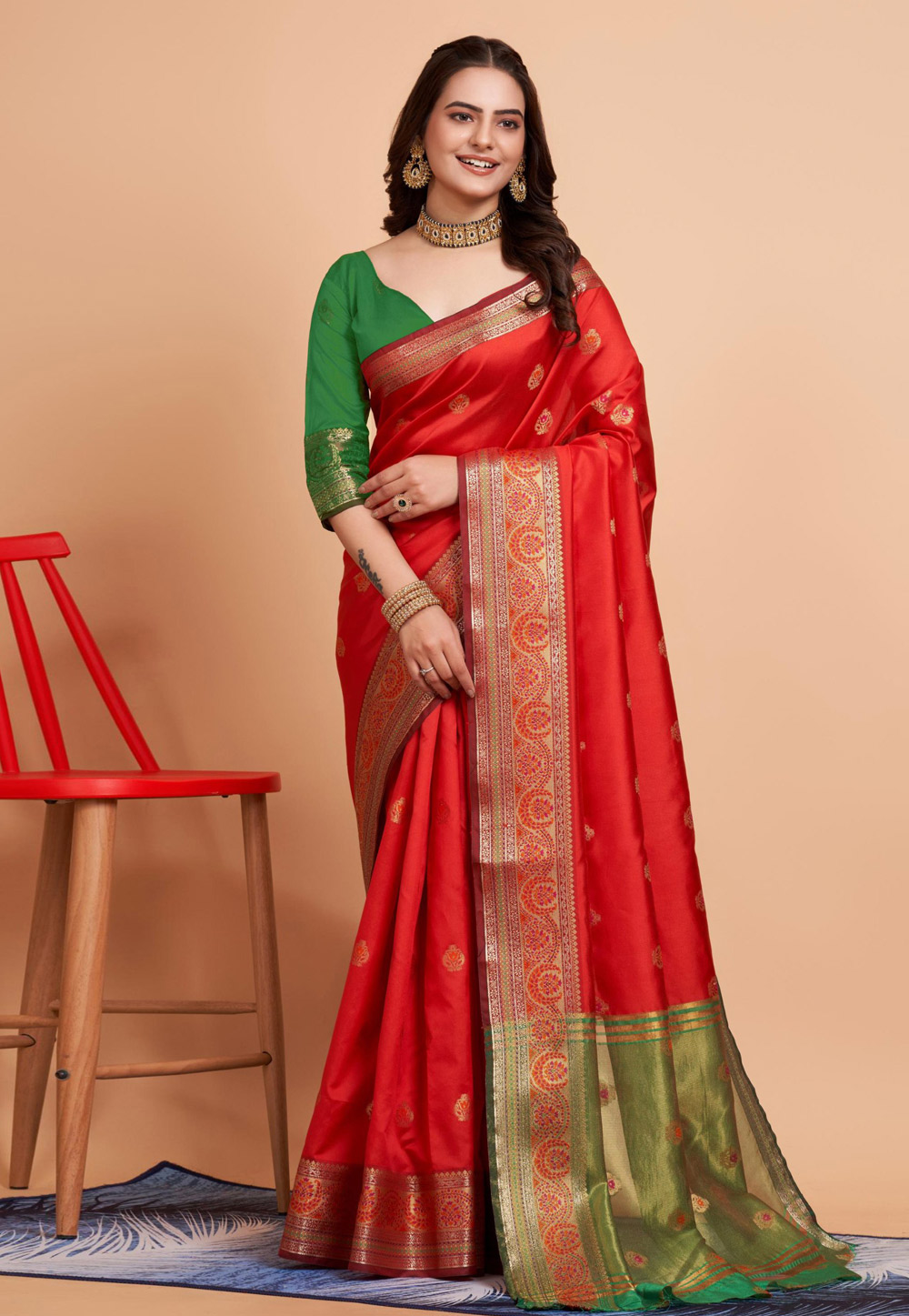 Red Banarasi Silk Saree With Blouse 281820