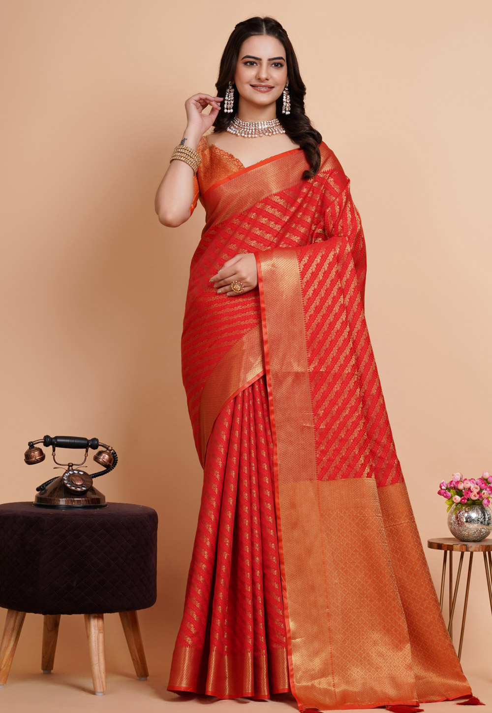 Red Banarasi Silk Saree With Blouse 281810