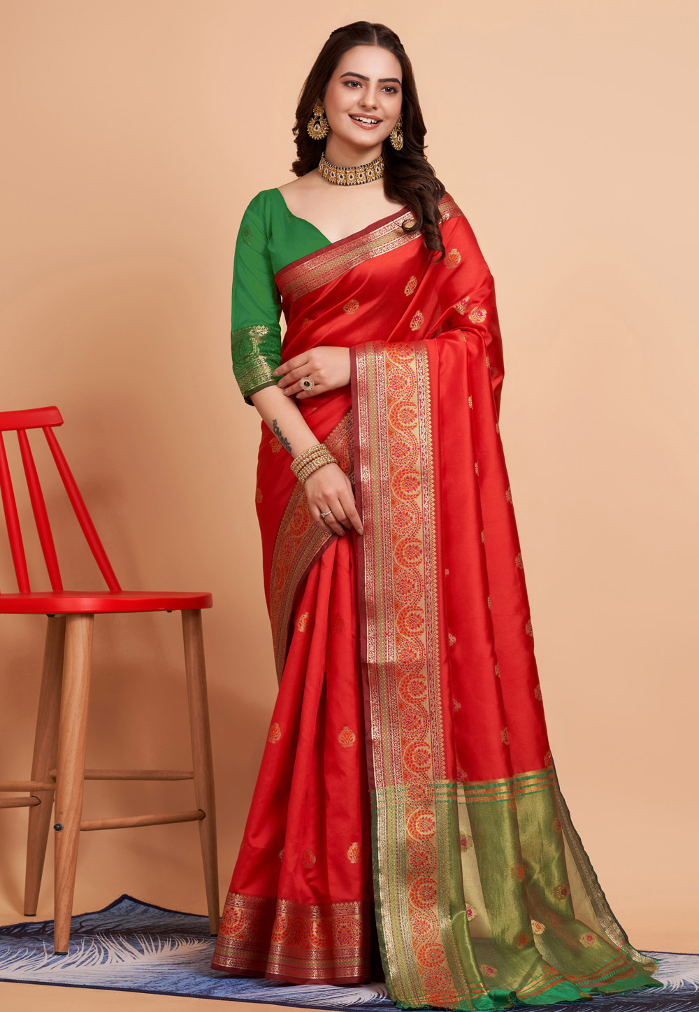 Red Banarasi Silk Saree With Blouse 284259