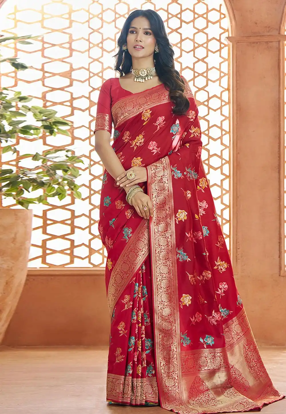 Red Banarasi Silk Saree With Blouse 294809