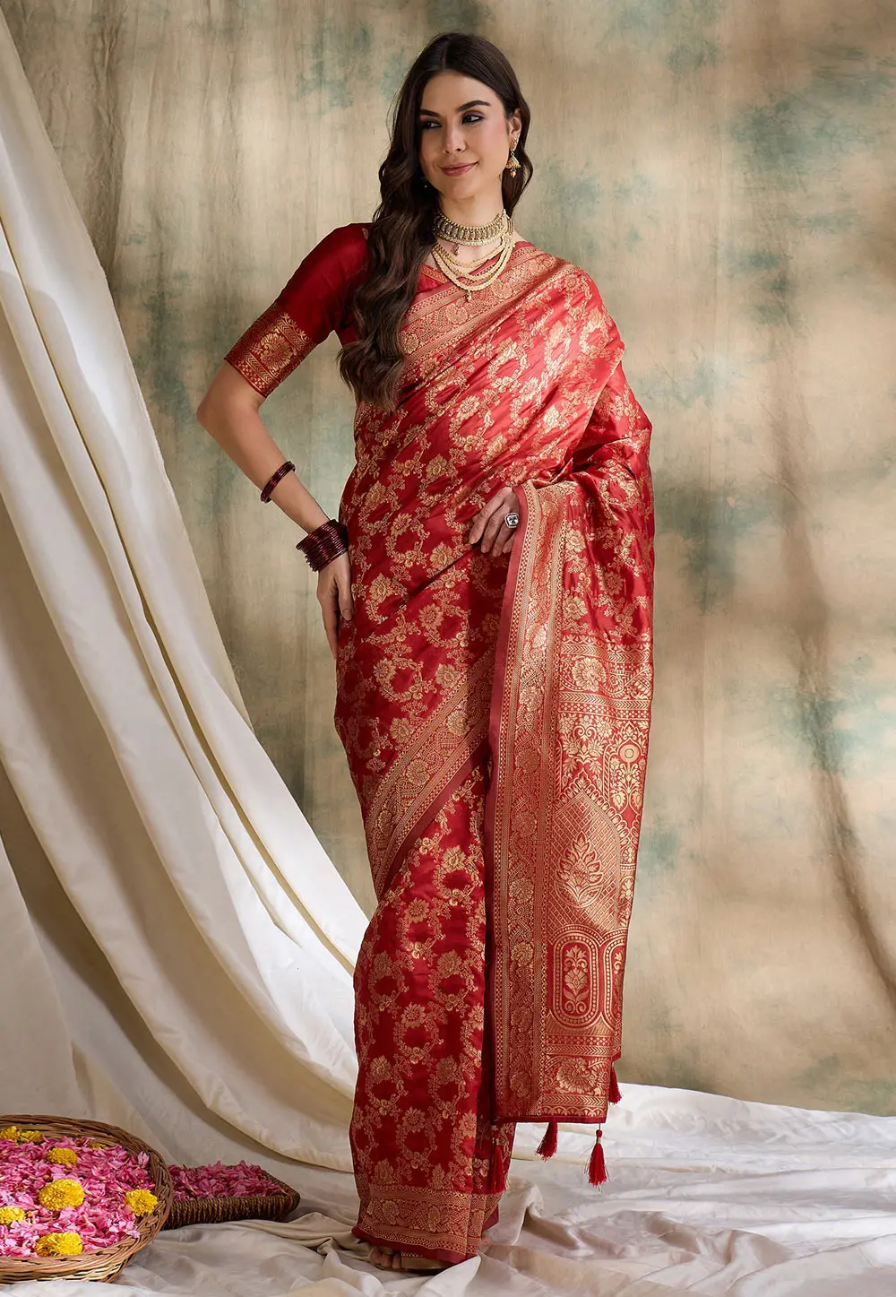 Red Banarasi Silk Saree With Blouse 301521