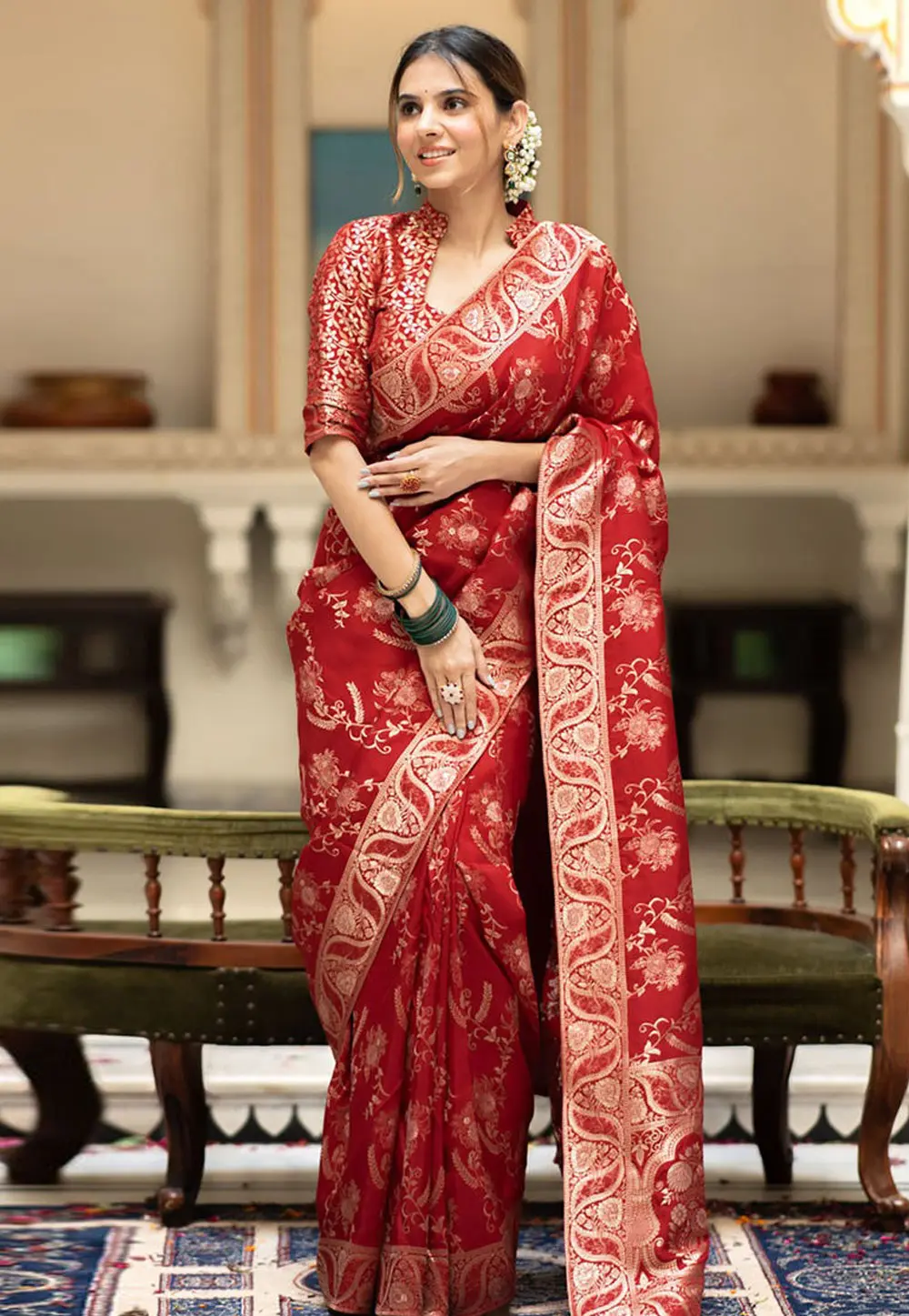 Red Banarasi Silk Saree With Blouse 298170