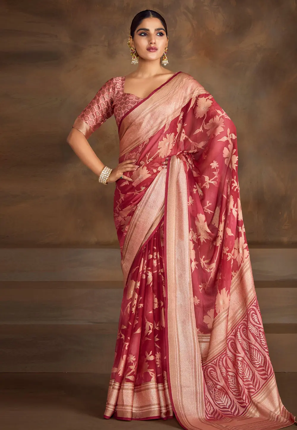 Red Brasso Saree With Blouse 302234