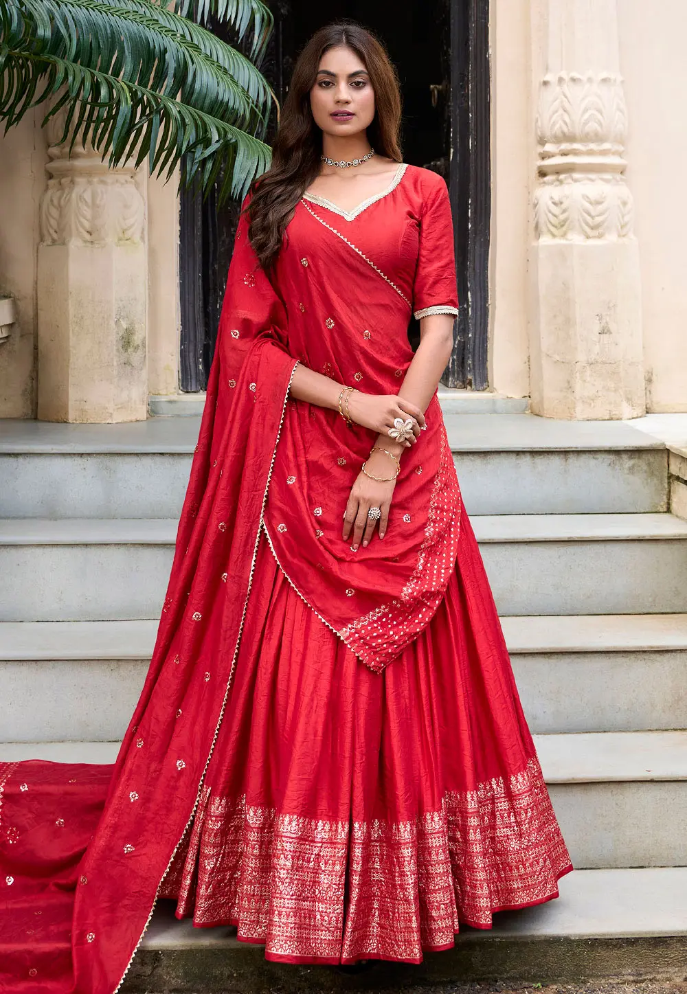 Red Chanderi Circular Lehenga Choli 299305