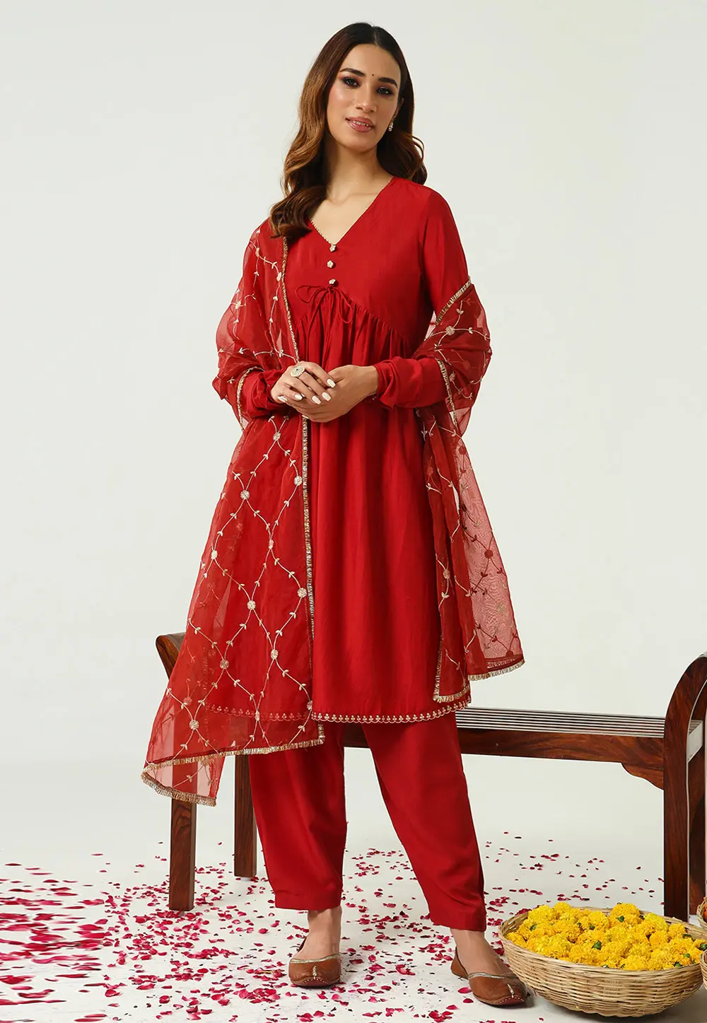 Red Chanderi Readymade Anarkali Suit 300844