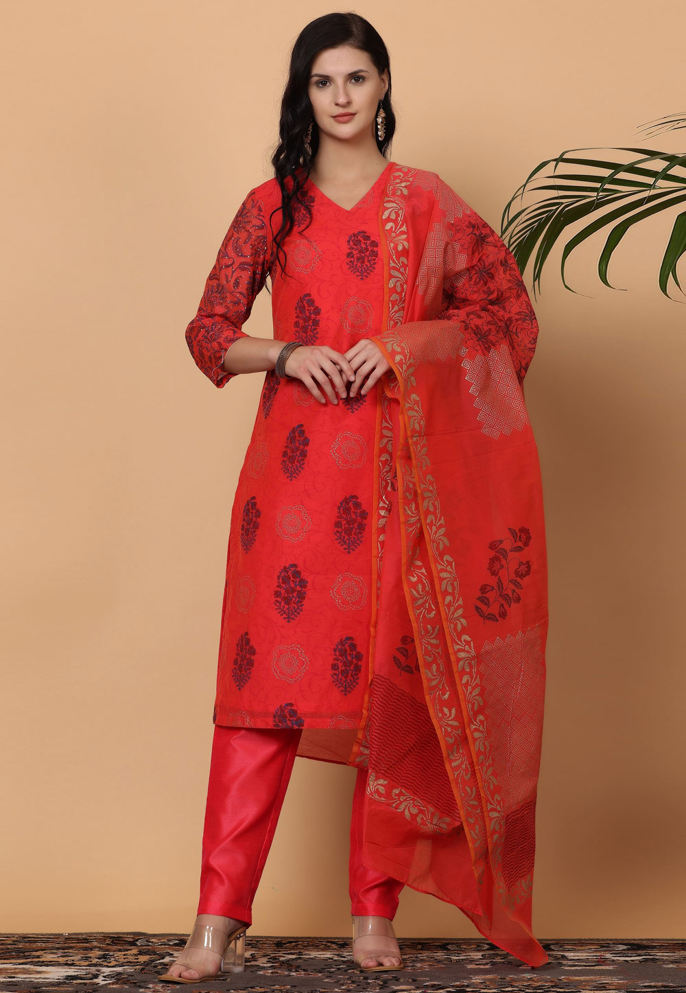 Red Chanderi Readymade Pakistani Suit 305414