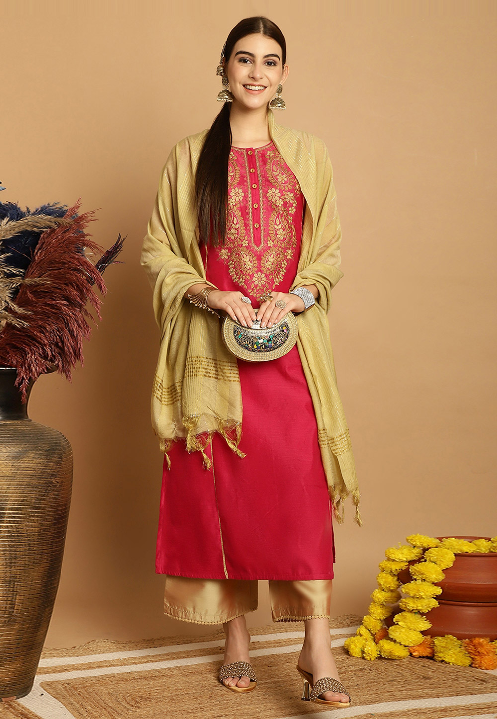 Red Chanderi Readymade Palazzo Suit 280610