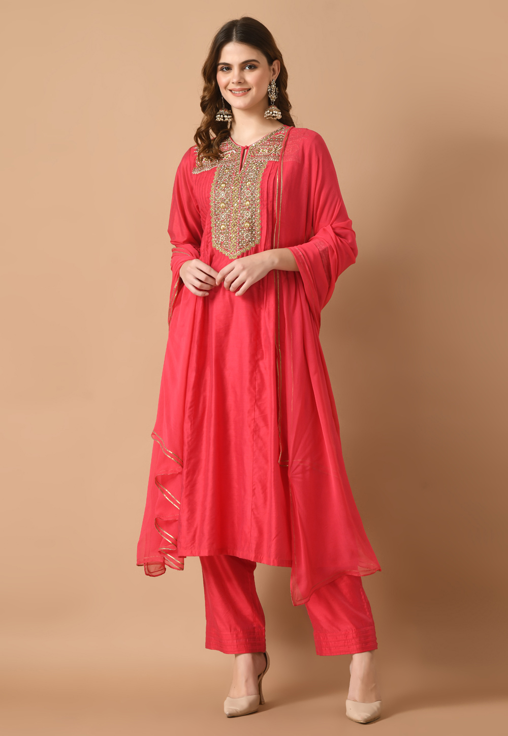 Red Chanderi Readymade Pant Style Suit 305436