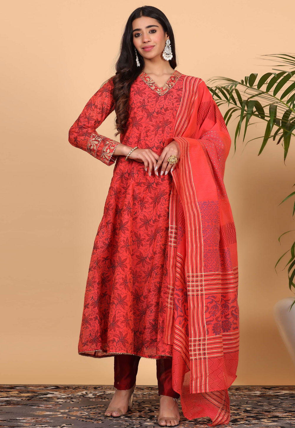 Red Chanderi Readymade Pant Style Suit 305413