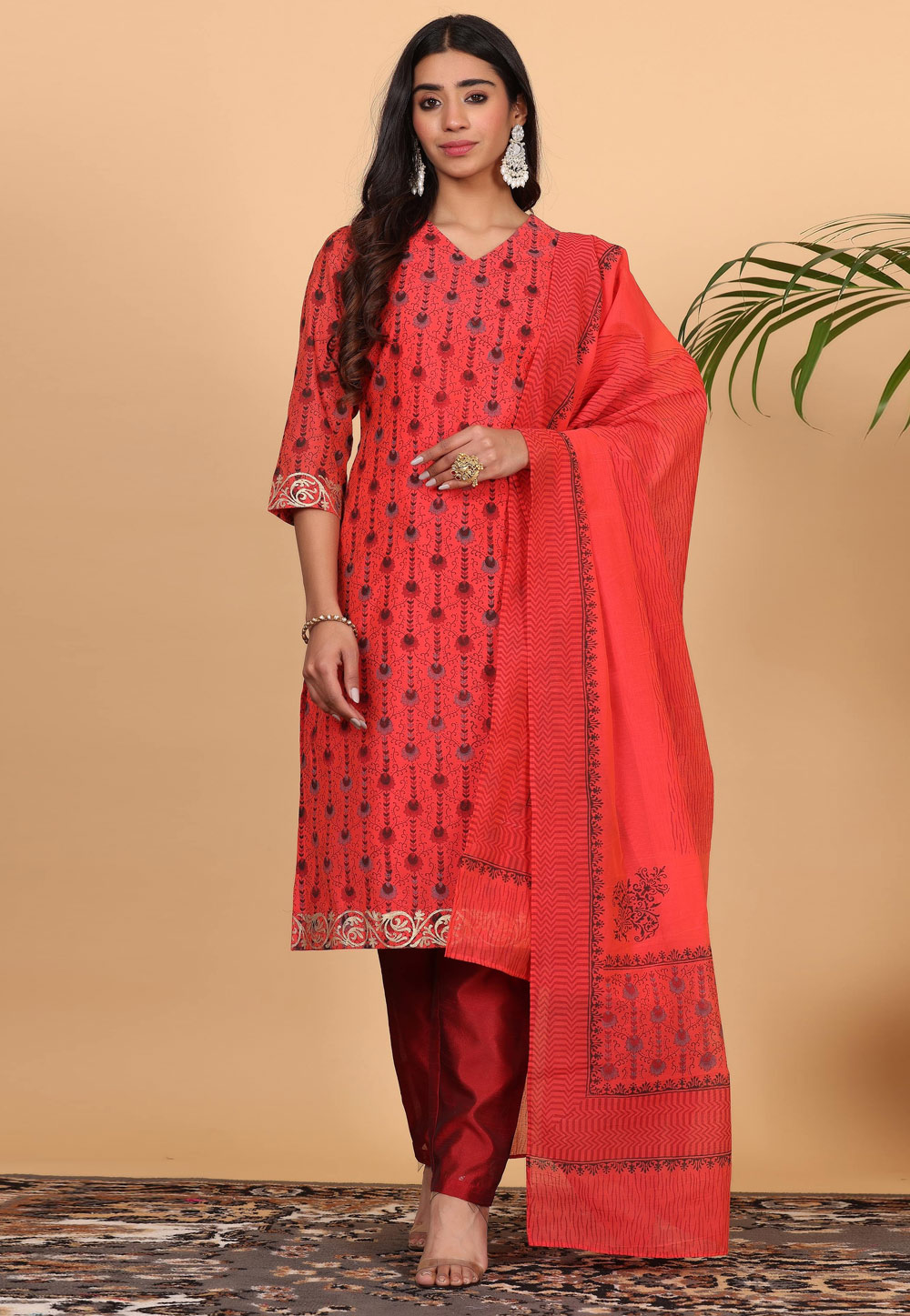 Red Chanderi Readymade Pant Style Suit 305417