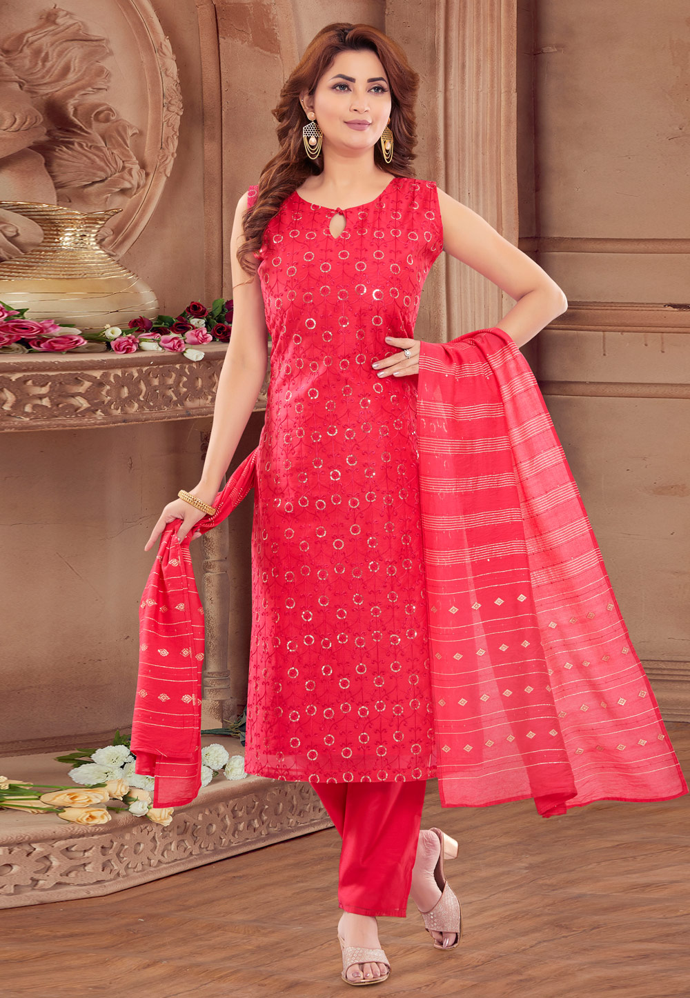 Red Chanderi Readymade Pant Style Suit 280429